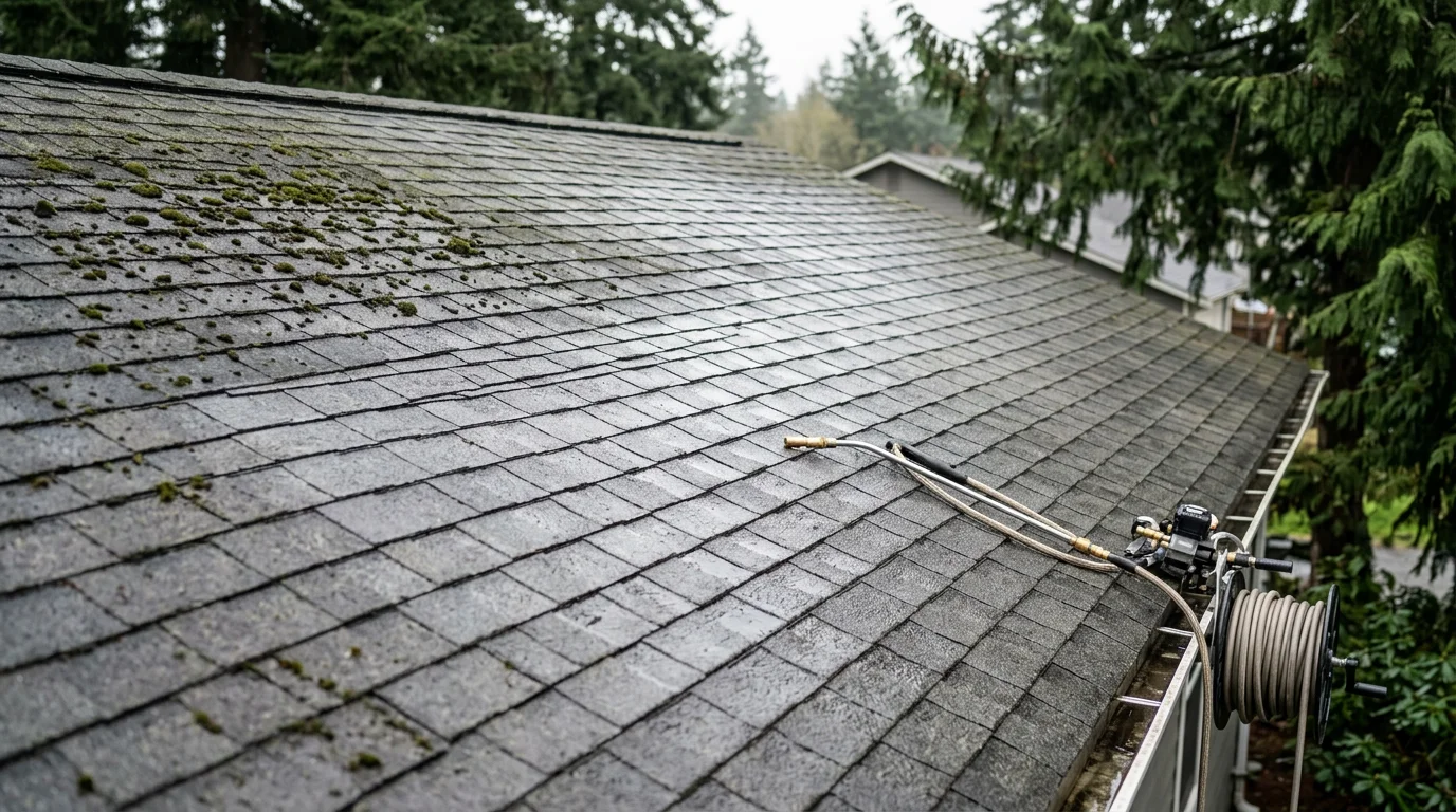 A Port Orchard residential roof after soft wash cleaning, showing shingles cleared of green moss patches and dark algae streaks. Tall evergreen trees are visible in the background, typical of homes across the Kitsap Peninsula.