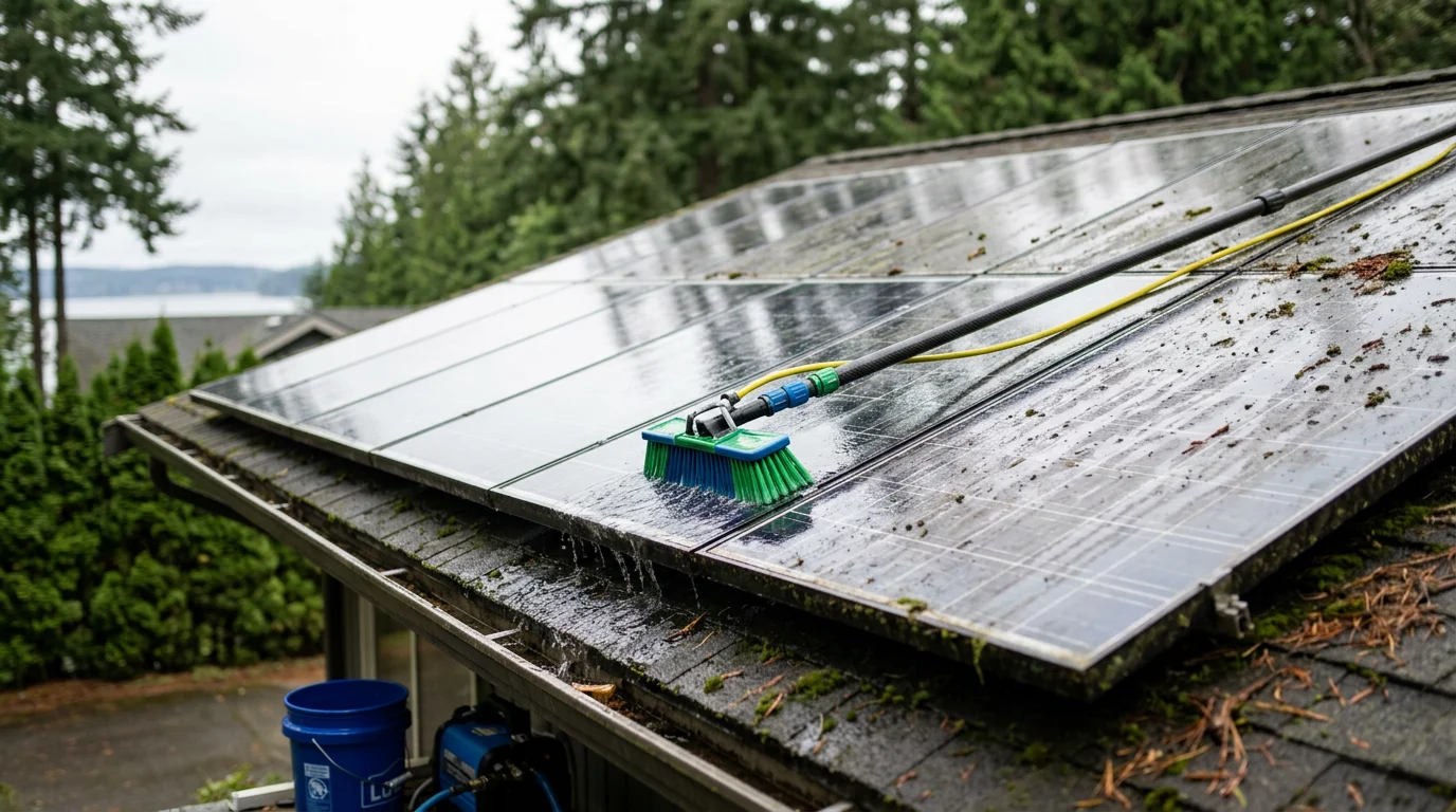 A residential rooftop solar array in Port Orchard, Washington after professional cleaning, showing clear glass panels free of moss, pollen film, and mineral deposits against a Pacific Northwest sky. The Kitsap Peninsula treeline is visible in the background.