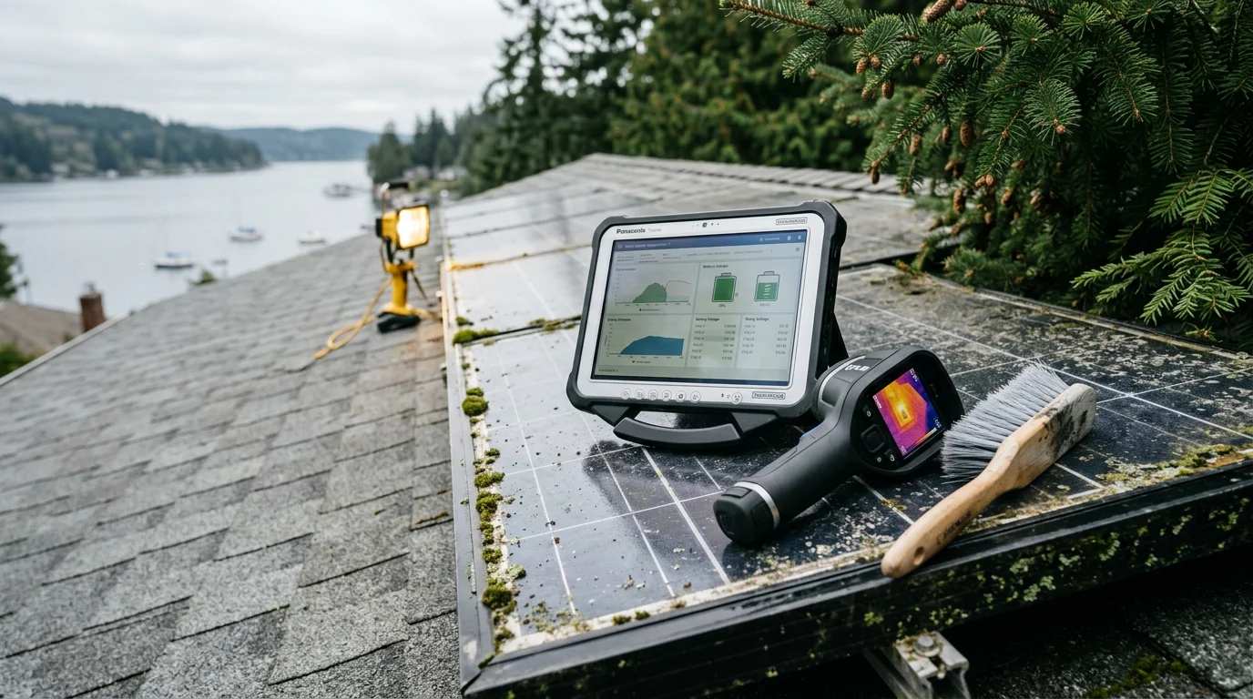 A solar panel array on a residential rooftop in Port Orchard, Washington, being inspected for moss buildup, surface cracks, and mounting hardware condition. The surrounding tree canopy and overcast Kitsap Peninsula sky are visible in the background.