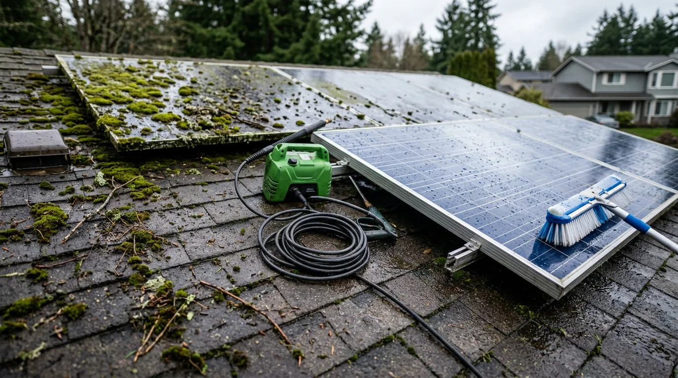 A rooftop solar panel array on a residential home in Port Orchard, Washington, showing clean panel surfaces after moss and debris removal. Overcast Pacific Northwest sky visible in the background.