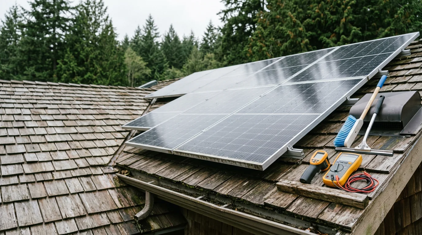 A solar panel array on a residential rooftop in Port Orchard, Washington, being evaluated for output performance with visible evergreen tree coverage in the background. Close-up view shows panel surface condition during a professional performance check on a Kitsap Peninsula home.