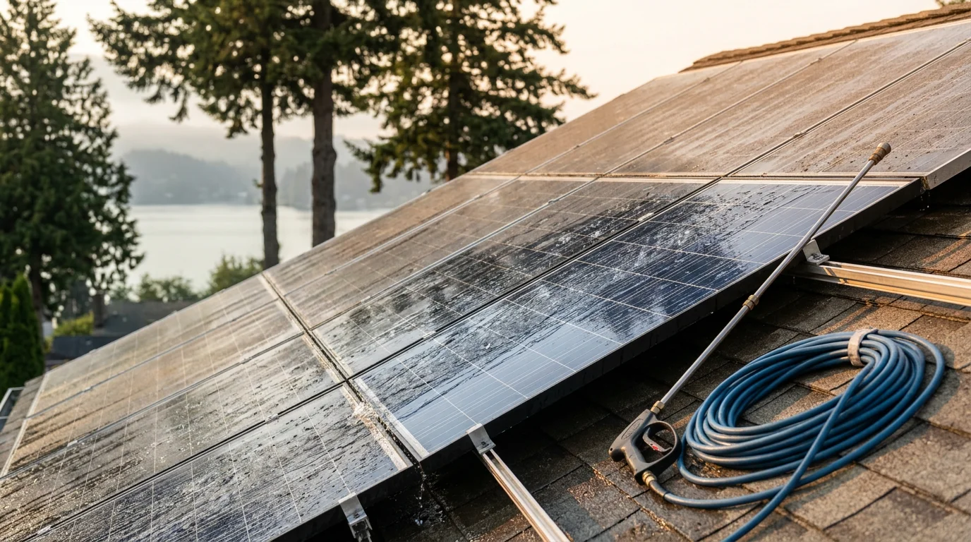 A rooftop solar array on a residential home in Port Orchard, Washington, with clean glass panels free of pollen film and moss after professional rinsing. Evergreen trees are visible in the background, typical of Kitsap Peninsula properties.