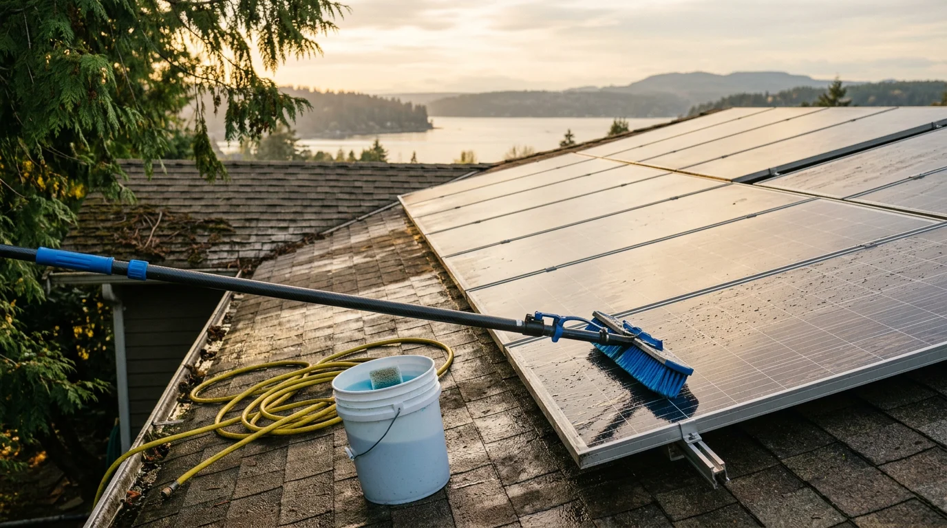 A residential rooftop solar array on a Port Orchard home after professional washing, showing clean panel glass free of moss, pollen film, and streaking. Kitsap Peninsula tree line visible in the background.