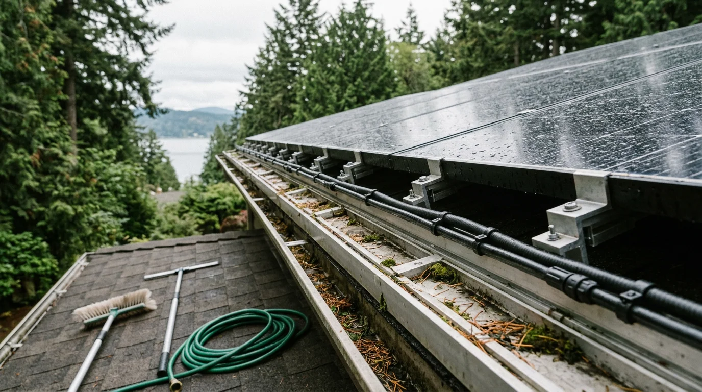 A residential solar array on a Port Orchard home being inspected for debris and mount condition. A technician checks the panel frames and racking hardware on a typical Kitsap Peninsula rooftop.