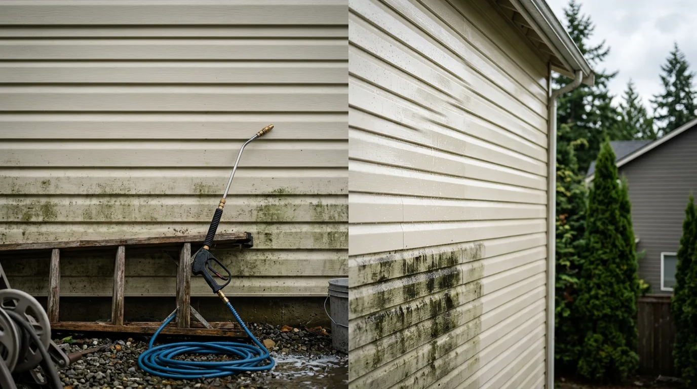Vinyl siding on a Port Orchard home being soft washed to remove green algae and mildew streaks from the panels. The cleaned section shows restored white siding next to the still-stained area, with Kitsap Peninsula tree cover visible in the background.