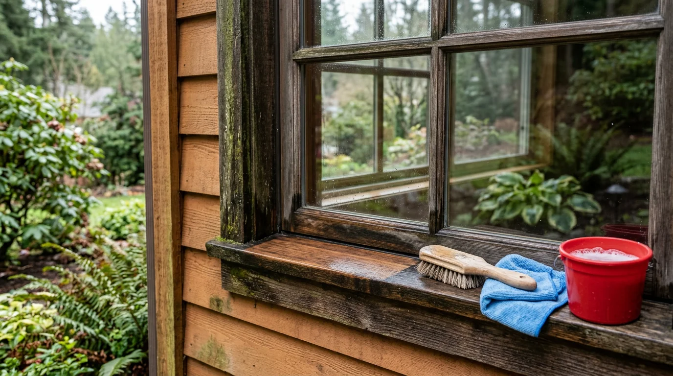 A cleaned window frame and sill on a Port Orchard home showing cleared track grooves and a debris-free ledge. The surrounding frame edges are free of dark streaking and organic buildup common in the Pacific Northwest climate.