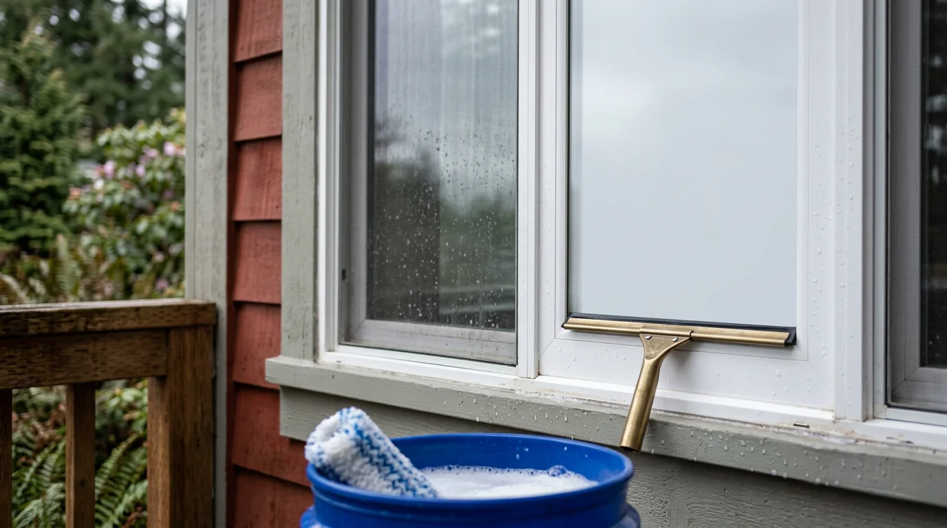 A residential home in Port Orchard, Washington with freshly washed exterior windows reflecting clear sky after a professional window cleaning service. Close view shows streak-free glass on a Pacific Northwest home surrounded by evergreen trees.